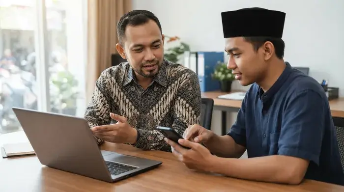 Owner dan staf travel mengecek status pembayaran jamaah bersama di kantor