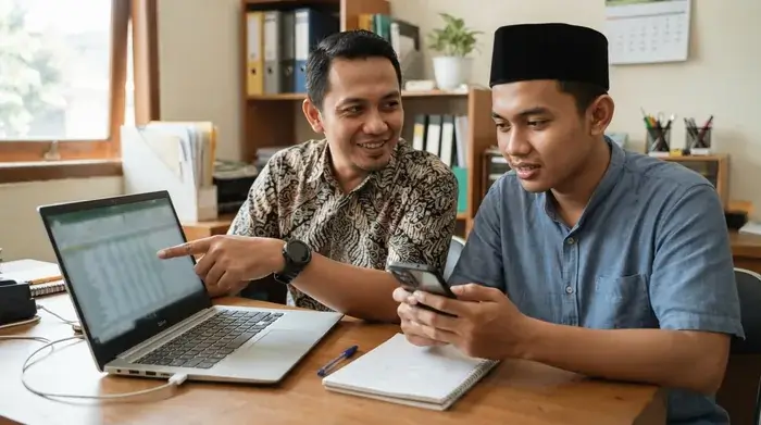 Dua staf travel Safar mengecek data manifest jamaah melalui laptop dan ponsel