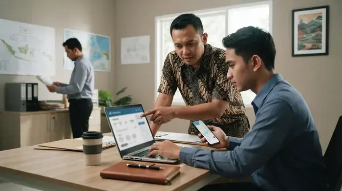 Pemilik travel umrah dan staf mengecek informasi pemberangkatan bersama di kantor modern
