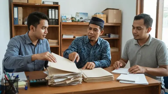 Owner travel mengatur data bisnis melalui laptop di meja kerja