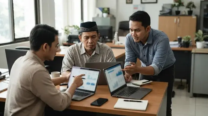 Pria Asia meninjau catatan keuangan dengan kalkulator di meja kerja