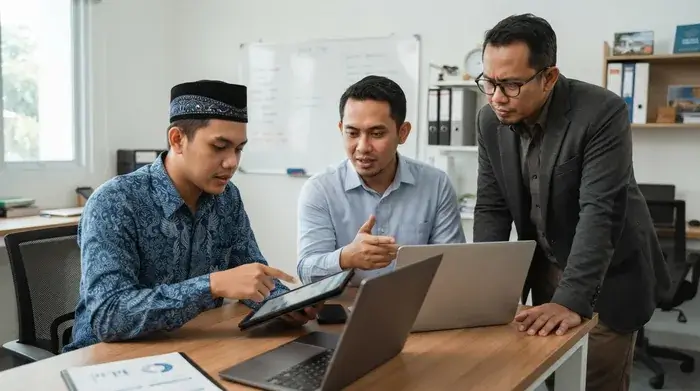 Staff travel merapikan dokumen untuk persiapan pemberangkatan