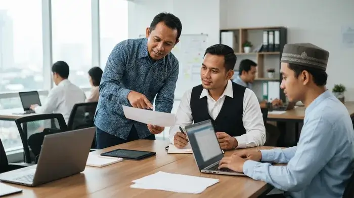Dua anggota tim Asia berdiskusi tentang pekerjaan di kantor