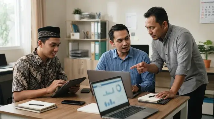 Pria Asia mengelola data bisnis melalui laptop di tempat kerja