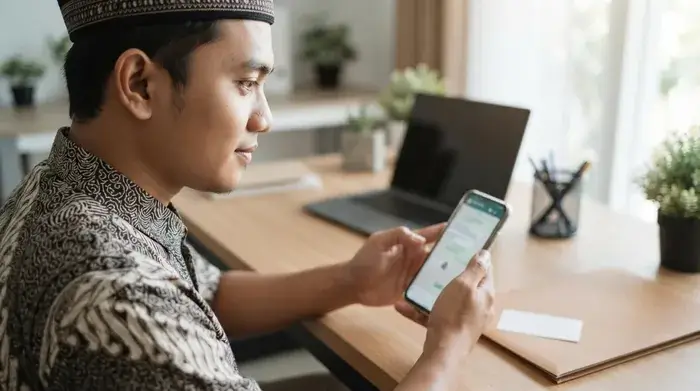 Staff travel membalas chat jamaah dengan tenang sambil mengatur prioritas kerja