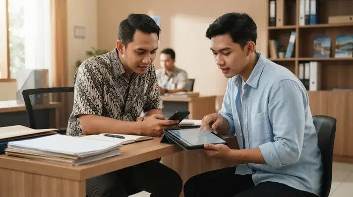 Dua staf travel sedang mengecek status pembayaran jamaah melalui perangkat digital di kantor travel yang rapi