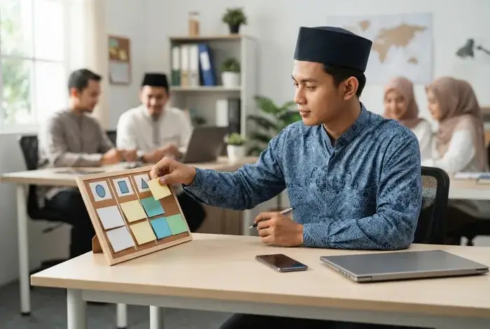 Staff travel mengelompokkan pekerjaan untuk menjaga fokus kerja di kantor travel yang ringkas dan modern