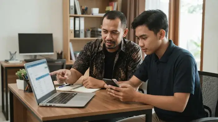 Owner dan staff travel Safar merapikan data jamaah dari beberapa sumber digital