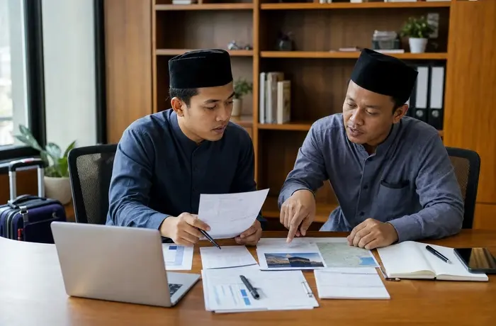 Dua staf travel umrah menyusun rencana komunikasi jamaah ketika jadwal penerbangan berubah