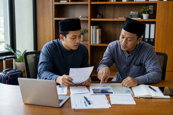 Dua staf travel umrah menyusun rencana komunikasi jamaah ketika jadwal penerbangan berubah