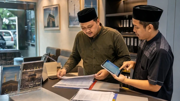 Owner dan tim sales travel Safar membandingkan catatan transaksi paket umrah