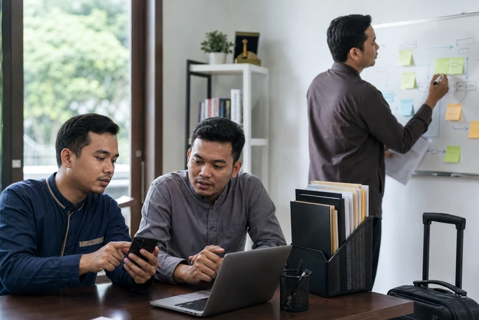 Staff Safar memeriksa data dan persiapan pemberangkatan umrah bersama