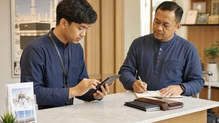 Staff travel Safar mengecek status pembayaran jamaah melalui tablet di meja layanan