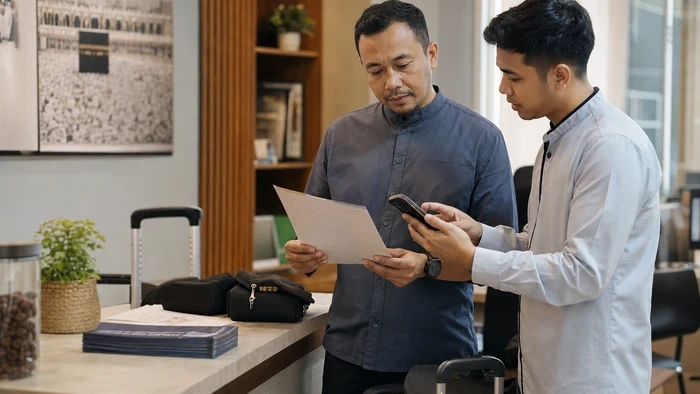 Owner dan staf travel meninjau pekerjaan berulang sebelum memutuskan menambah staff