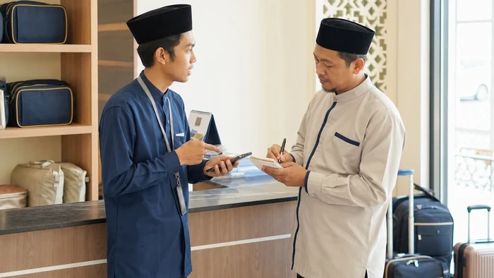 Owner dan staff travel umrah membahas masalah operasional lebih awal di meja layanan
