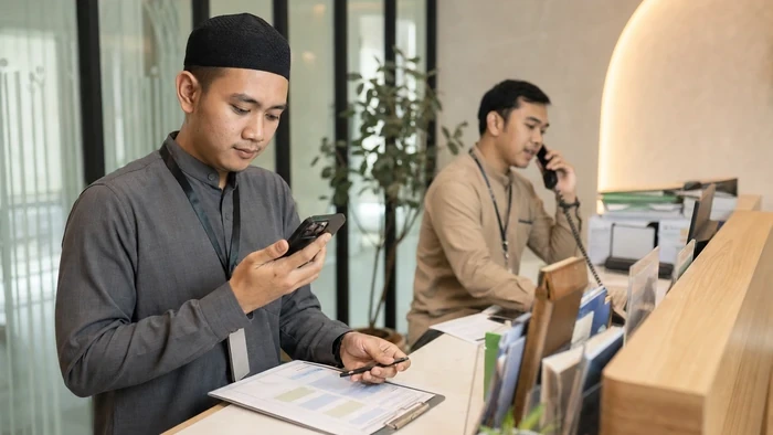 Staf travel Safar mengatur waktu membalas pesan jamaah dan menyelesaikan pekerjaan fokus di meja layanan