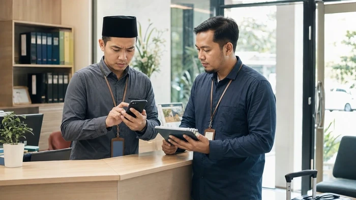 Dua staf travel Safar mengecek bukti pembayaran jamaah dari ponsel dan catatan transaksi
