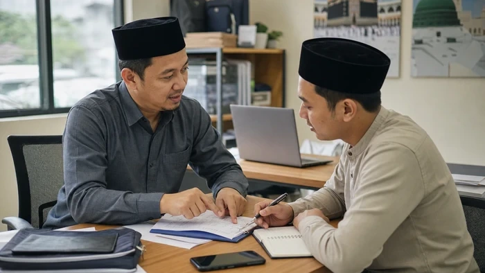 Pemilik travel umrah memberikan feedback konstruktif kepada staf untuk memperbaiki cara kerja tim