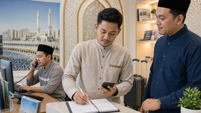 Tim travel Safar mencatat prospek calon jamaah dan menyiapkan follow-up dari beberapa channel