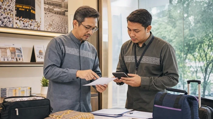 Owner dan staf travel umrah membandingkan pendapatan dan biaya operasional saat jamaah bertambah