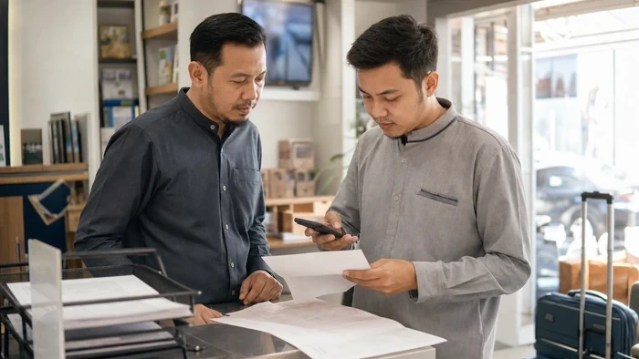 Owner dan staff travel Safar mencocokkan data agen dengan transaksi jamaah di meja layanan