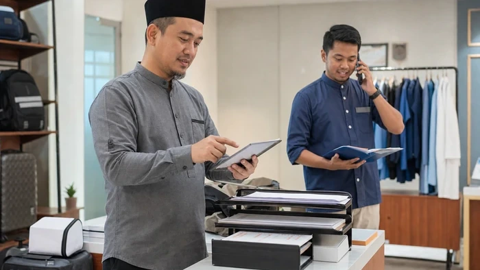 Owner travel mengecek informasi operasional bersama staf di meja layanan