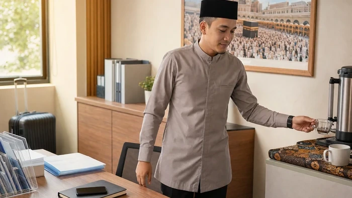 Staf travel menutup pekerjaan dan mengambil jeda singkat dengan minuman di ruang kerja