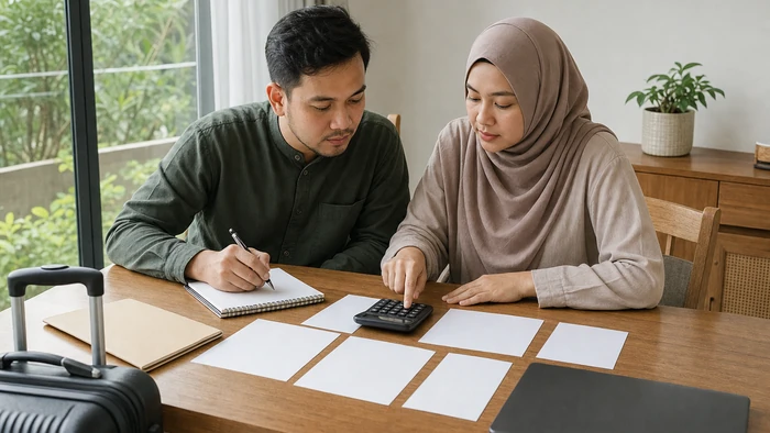 Dua calon jamaah menghitung komponen biaya Umrah Mandiri bersama