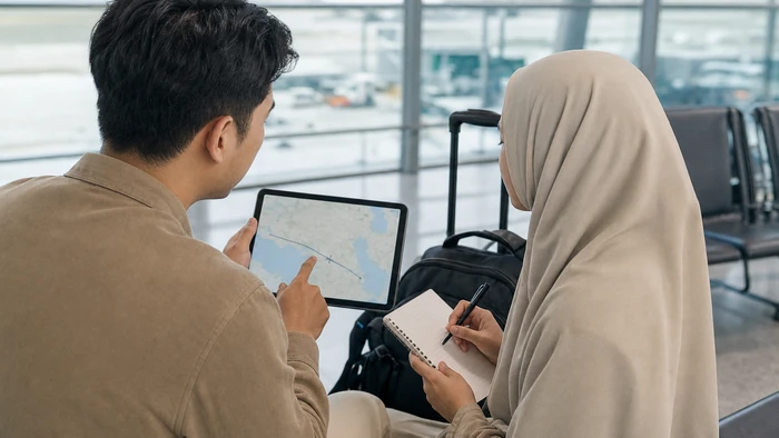 Dua calon jamaah Umrah Mandiri meninjau rute perjalanan sebelum menentukan waktu mulai ihram