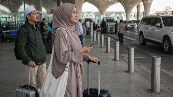 Jamaah Umrah Mandiri memeriksa ponsel di area jemput bandara Jeddah