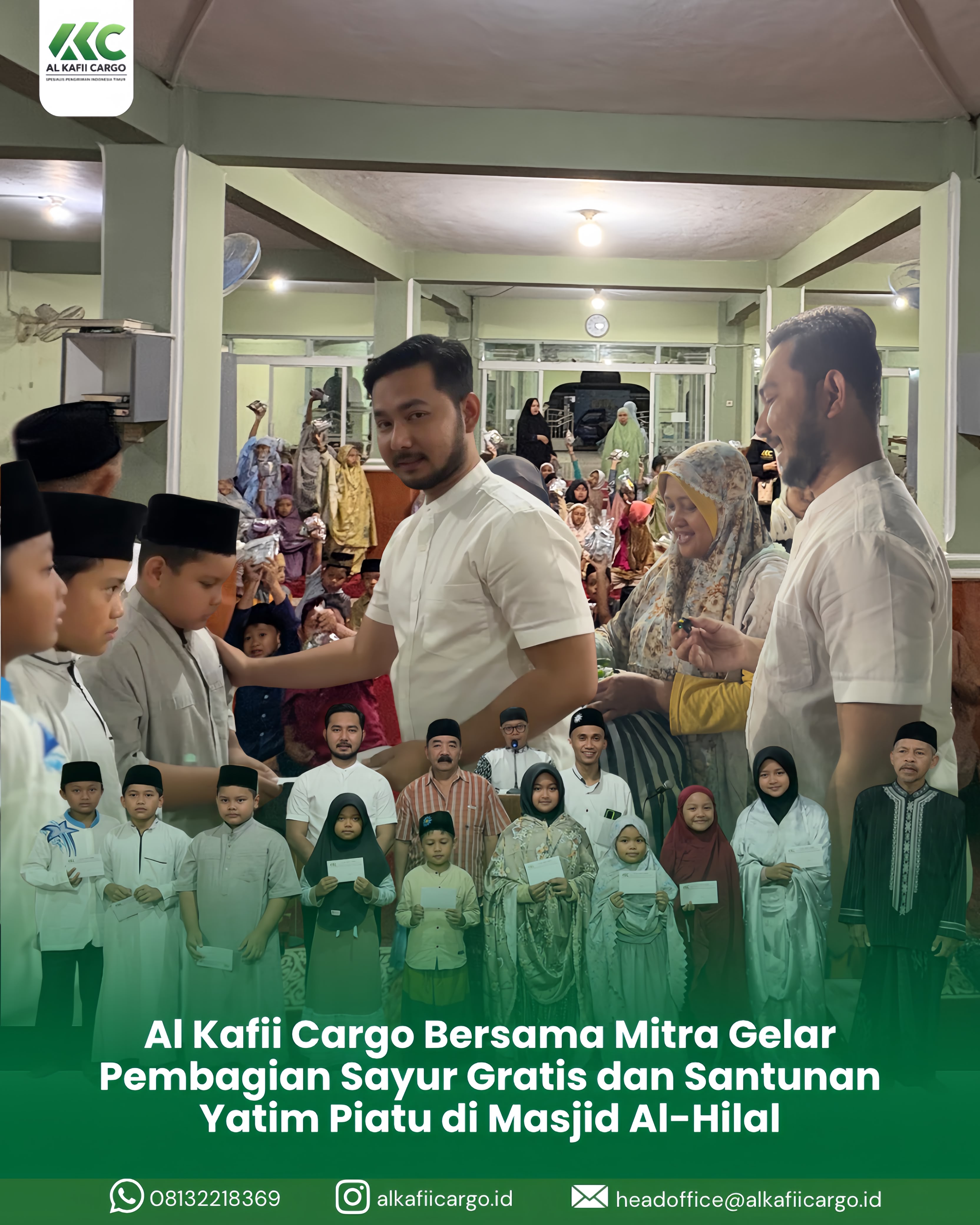 Al Kafii Cargo Bersama Mitra Gelar Pembagian Sayur Gratis dan Santunan Yatim Piatu di Masjid Al-Hilal