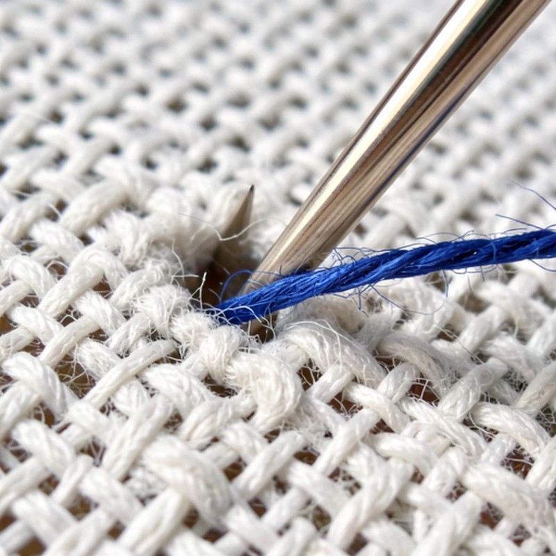 Nahaufnahme einer Sticknadel, die Mono-Stickgrund mit blauer Colbert-Wolle durchsticht