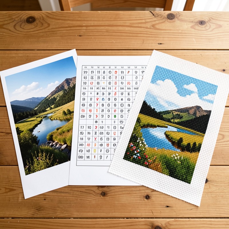 Umwandlungsprozess von Foto zu Stickerei: Originalfoto, Stichraster und fertiges Bild