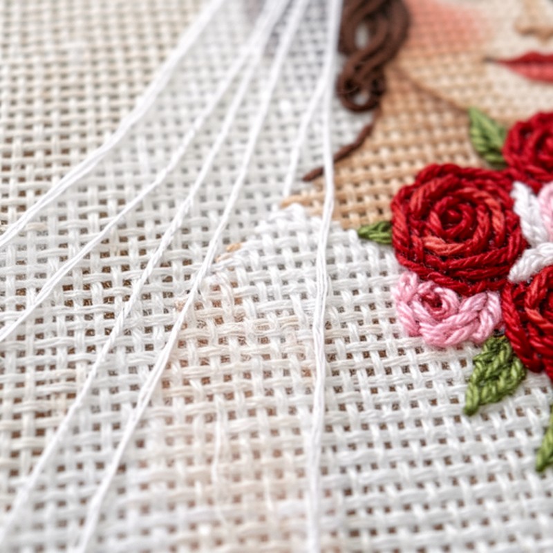 Detail einer personalisierten Hochzeitsstickerei mit weißem Schleier und Blumenstrauß