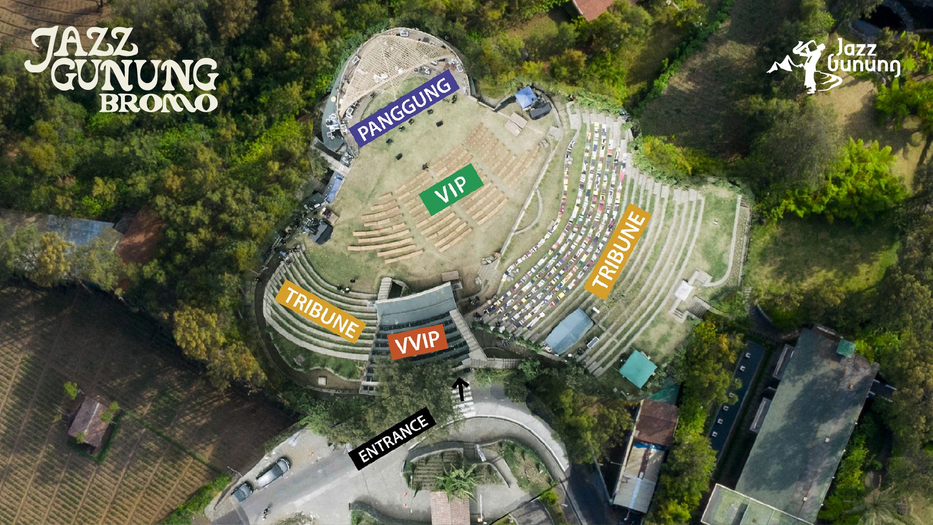 Aerial map of Jazz Gunung Bromo venue layout showing the stage, VIP, VVIP, Tribune seating areas, and entrance