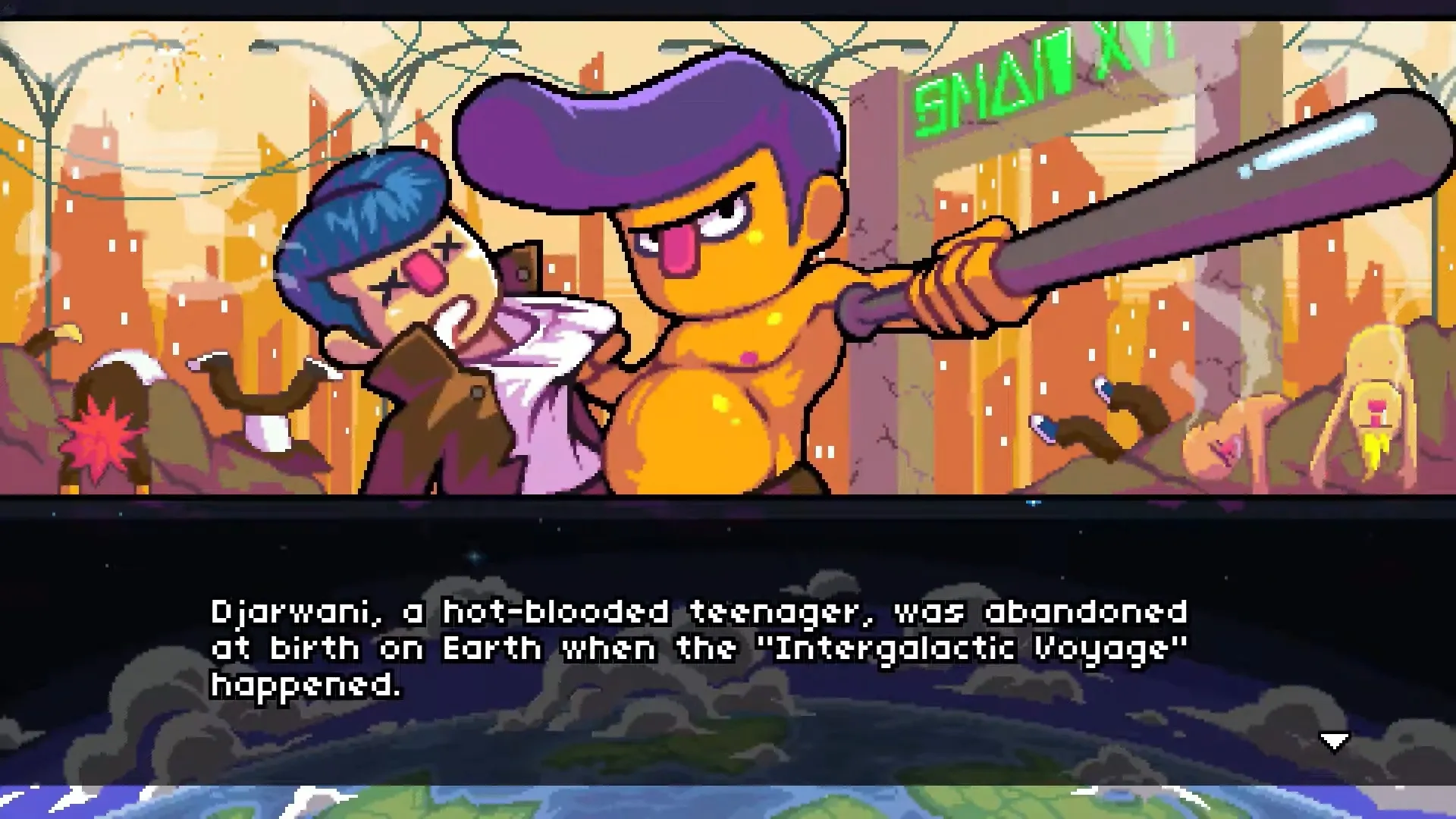 A muscular teen with purple hair and bat lifts another character by the collar in a city. Text explains his backstory.