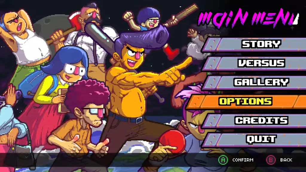 Colorful pixel art of various quirky characters in action poses, with a game menu showing options like Story, Versus, Gallery, and Options.