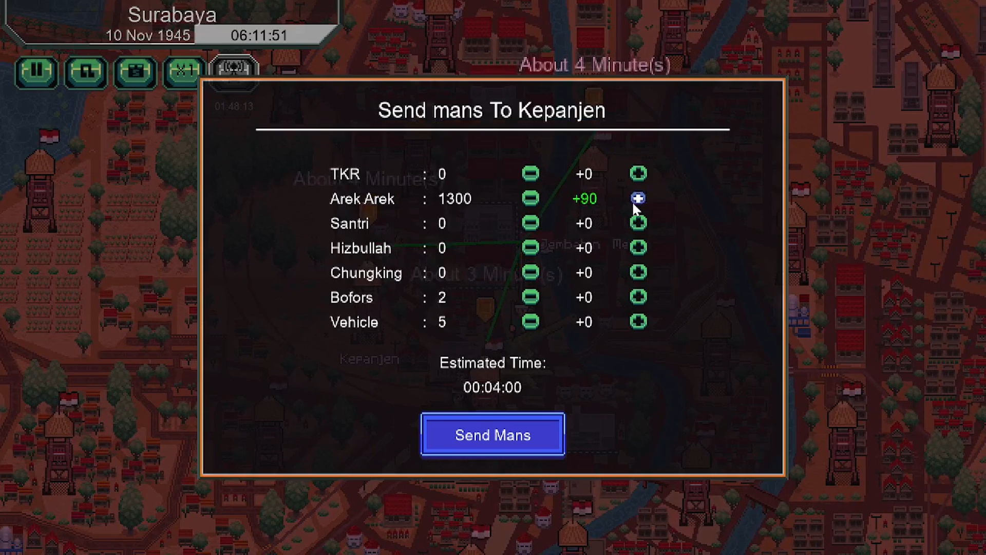 Troop deployment interface from Surabaya Inferno, with pixel map of Surabaya in the background and player assigning Arek-Arek and vehicles to move toward Kepanjen.