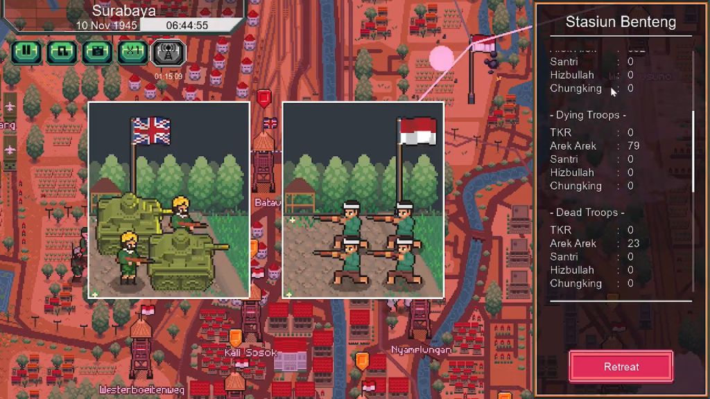 Surabaya Inferno battle screen showing British troops with tanks facing Indonesian fighters under the red-and-white flag, alongside troop casualty stats on the right.