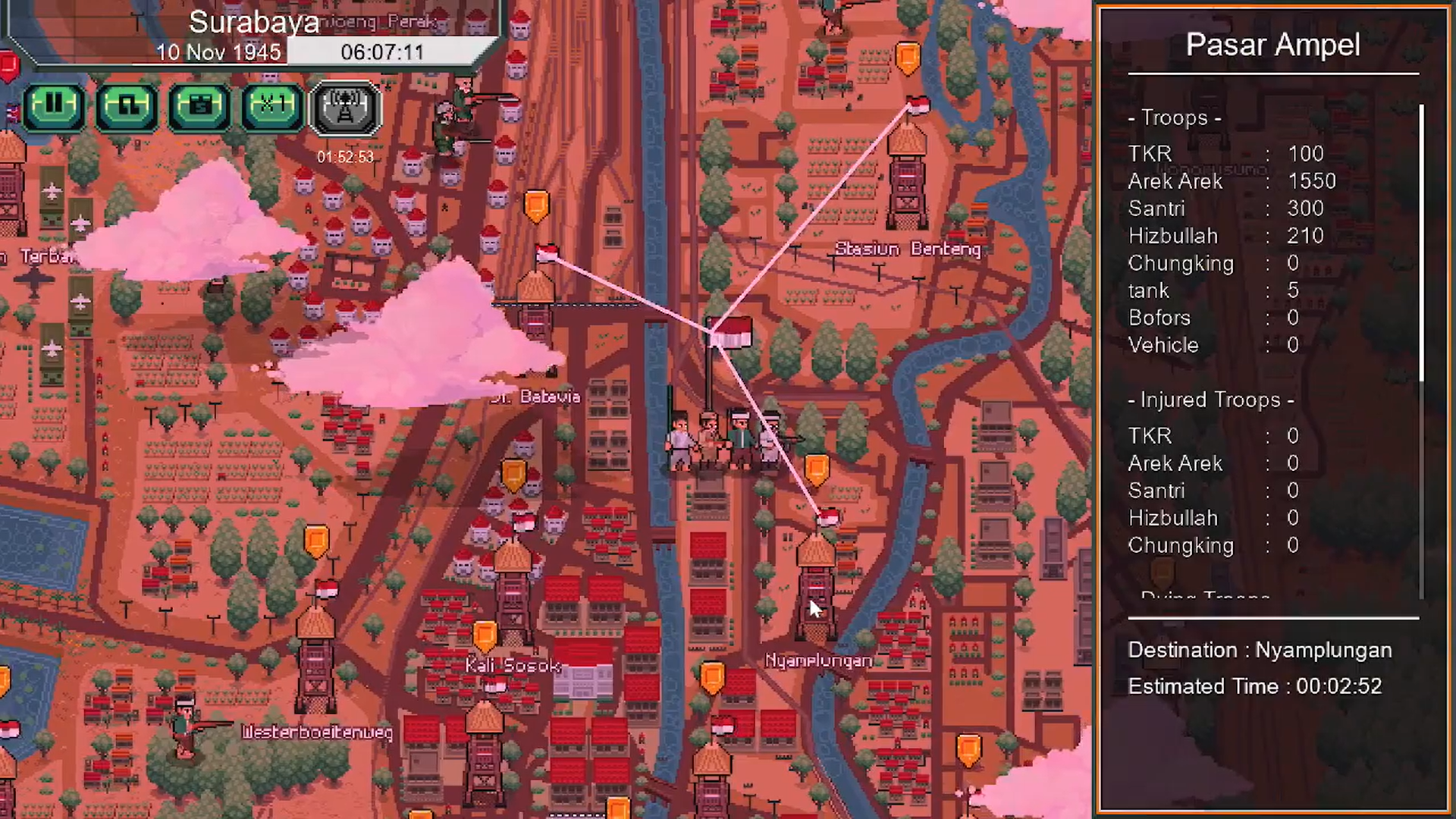 Strategic map view of Surabaya Inferno showing troop distribution in Pasar Ampel, supply lines to surrounding regions, and a panel displaying unit stats and destinations.