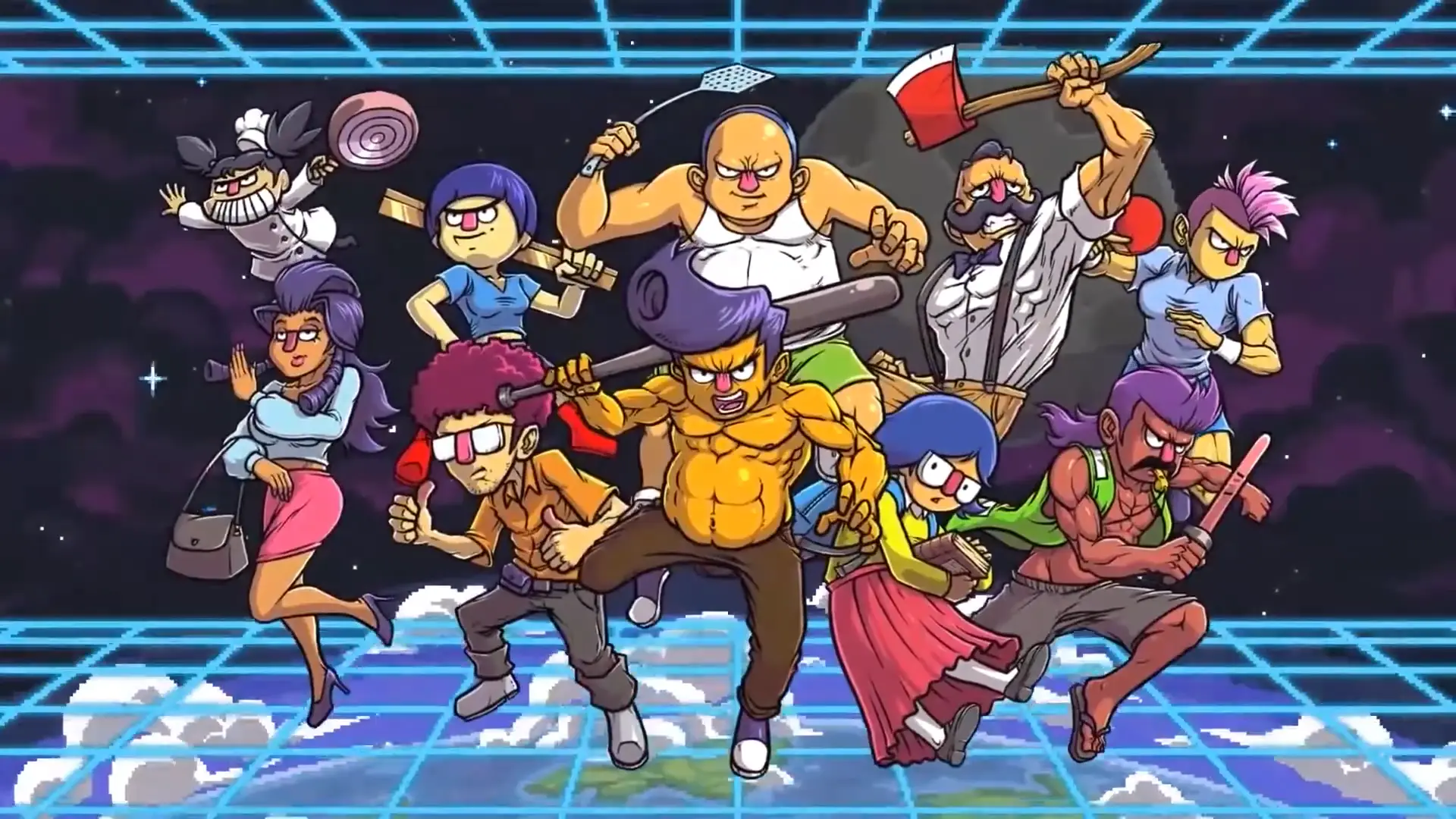 A lineup of pixel art characters ready for battle, each with a unique look and weapon, standing on a grid floor with a space background.