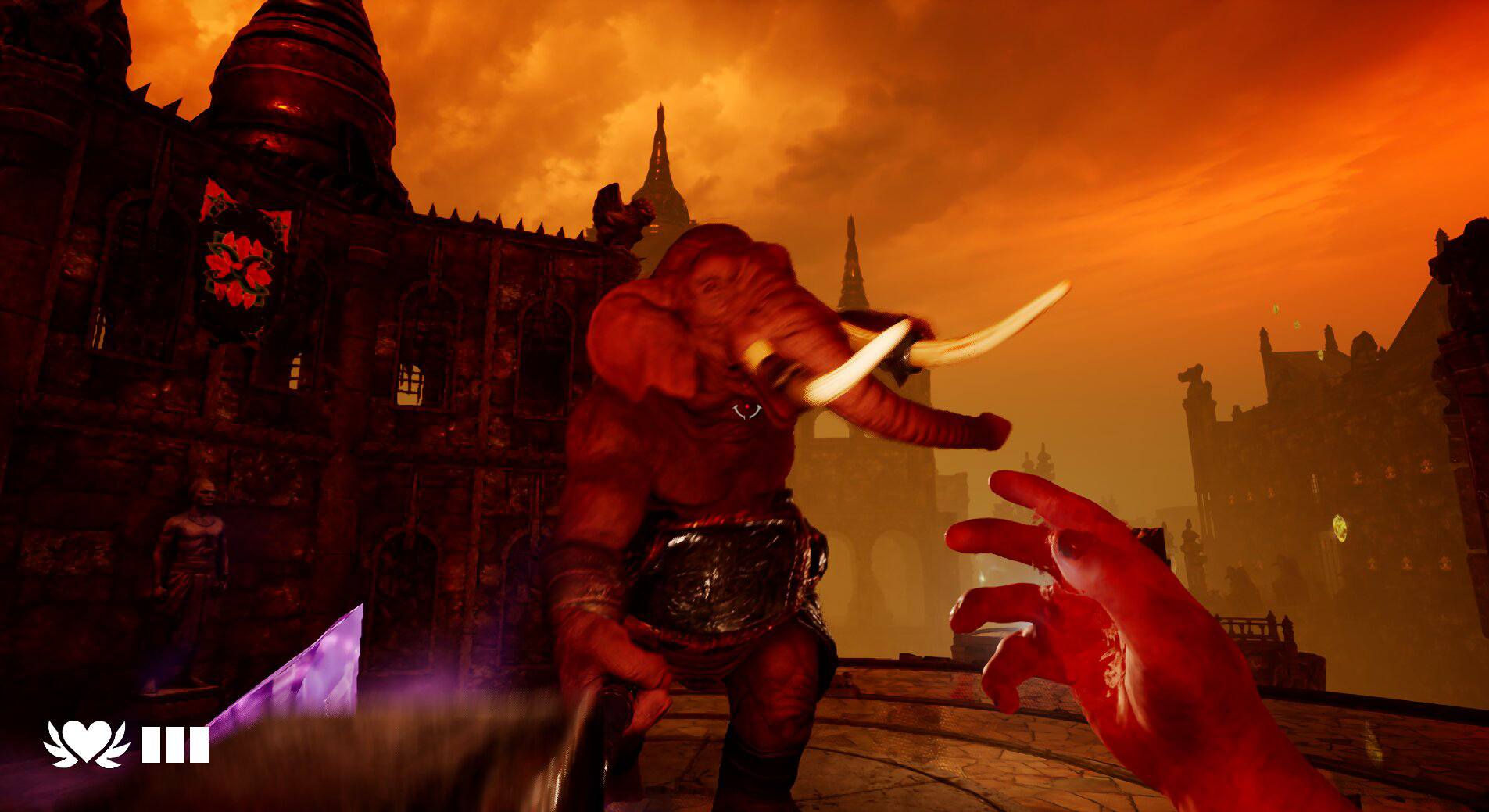 First-person view in Escape from Naraka facing a towering red-skinned elephant-headed demon warrior under a fiery orange sky, with gothic temple architecture in the background.
