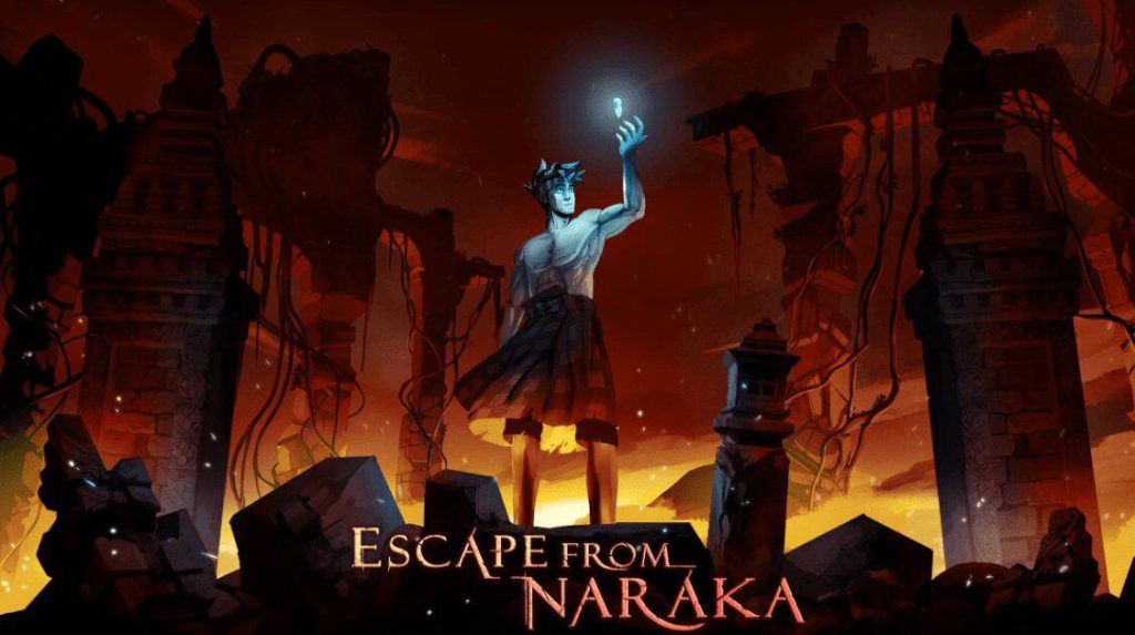 Player character running through a fiery Balinese temple ruin in Escape from Naraka, blending Indonesian mythology with fast-paced platforming action