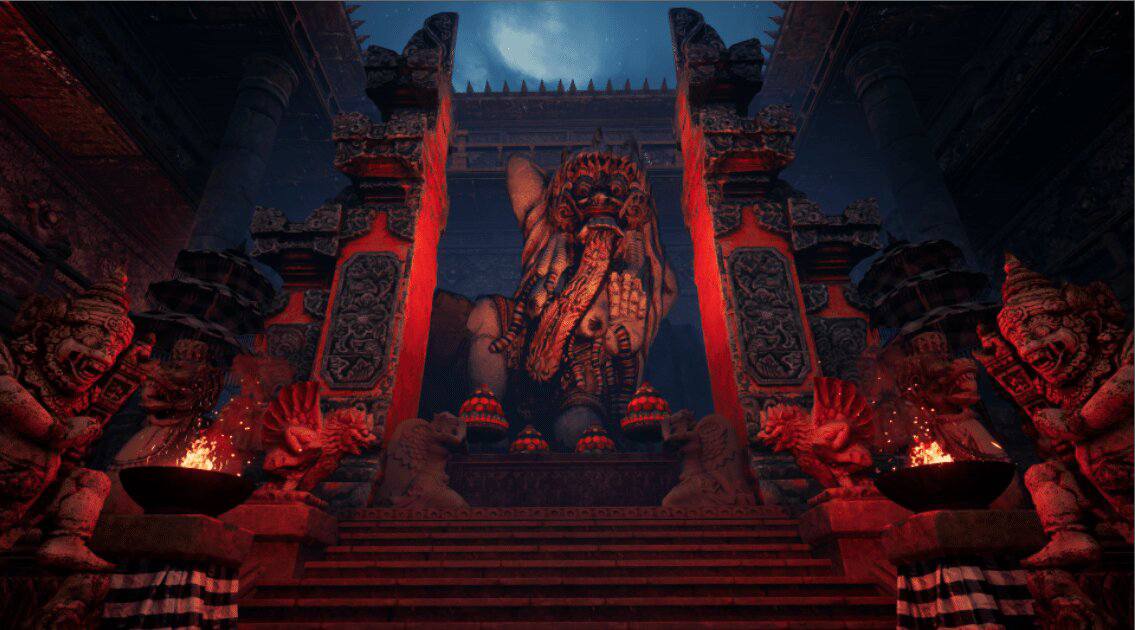 Ornate Balinese temple interior in Escape from Naraka, featuring a massive demonic statue flanked by detailed carvings, burning torches, and intricate red-and-gold pillars