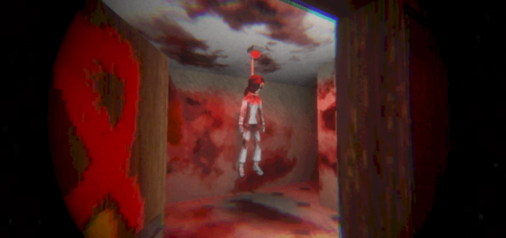 Comfort in Dread Creepy scene from Grieving, depicting a blood-soaked room with a hanging figure and red stains covering the walls and ceiling.