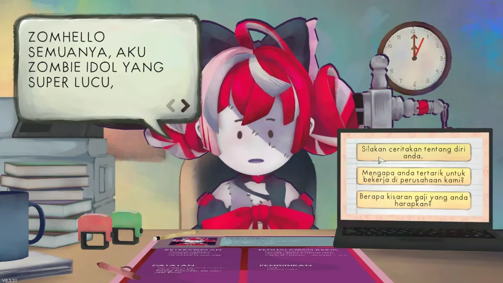 R Simulator interview scene featuring a colorful zombie idol character introducing herself during a job interview, with dialogue options displayed on the laptop screen.