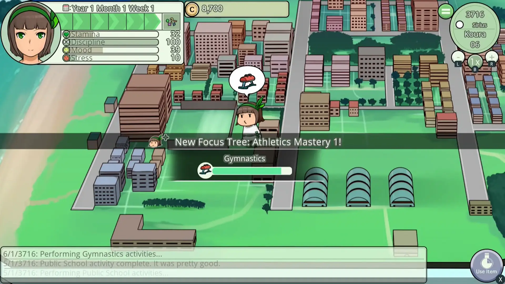 Explore the World Screenshot from Ciel Fledge: A Daughter Raising Simulator showing the city map view. The daughter character is performing a gymnastics activity, unlocking "New Focus Tree: Athletics Mastery 1". Stats like stamina, discipline, mood, and stress are displayed in the top left corner.