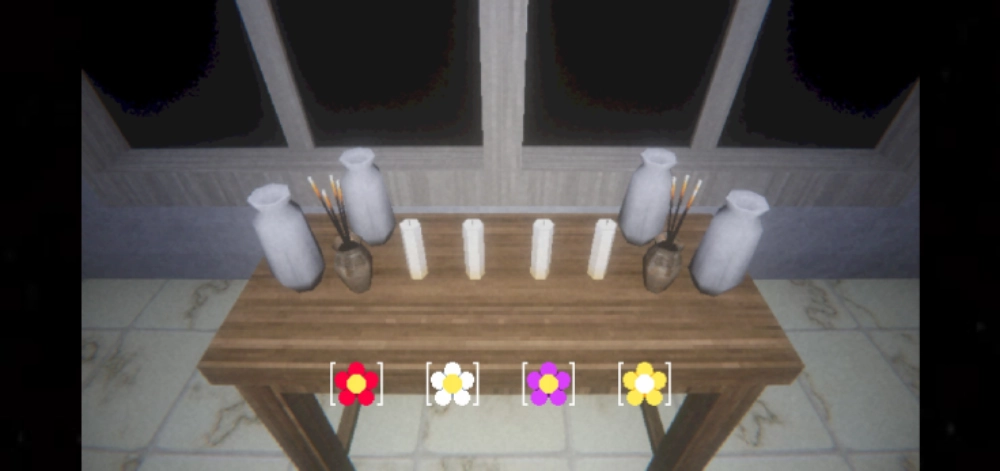 Layers of fear Puzzle sequence in Grieving featuring a wooden table with candles, incense, and selectable flower offerings.
