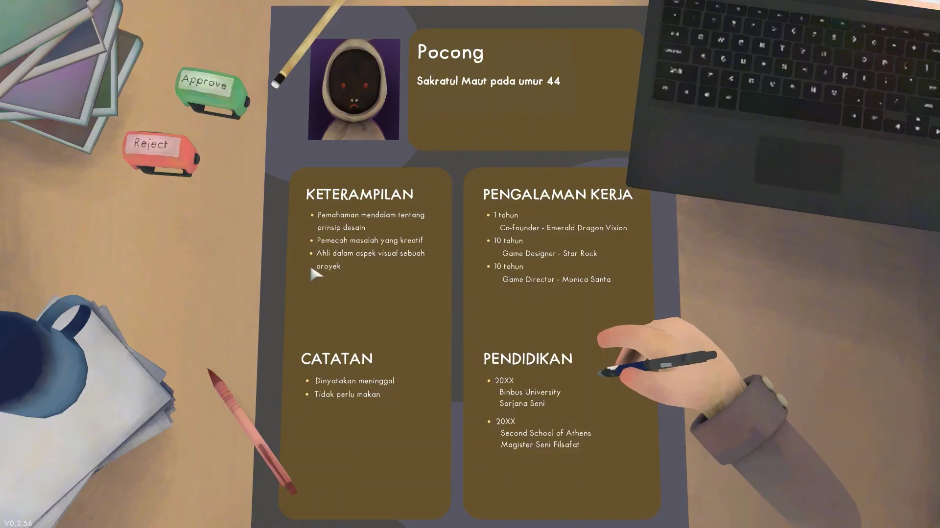 Mastering Interviews Screenshot from HR Simulator showing a humorous CV of a ghostly candidate named Pocong, age 44 at death. The resume highlights design expertise, problem-solving skills, and experience as co-founder, game designer, and game director. Notes mention that the candidate is deceased and does not need to eat. On the desk are stacks of papers, a pen, a coffee mug, a laptop, and “Approve” and “Reject” stamps.