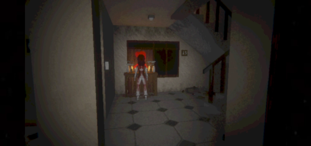 Puzzles and Choices Gameplay moment in Grieving showing a ghostly figure standing in front of a shrine with candles and flowers in an apartment corridor.
